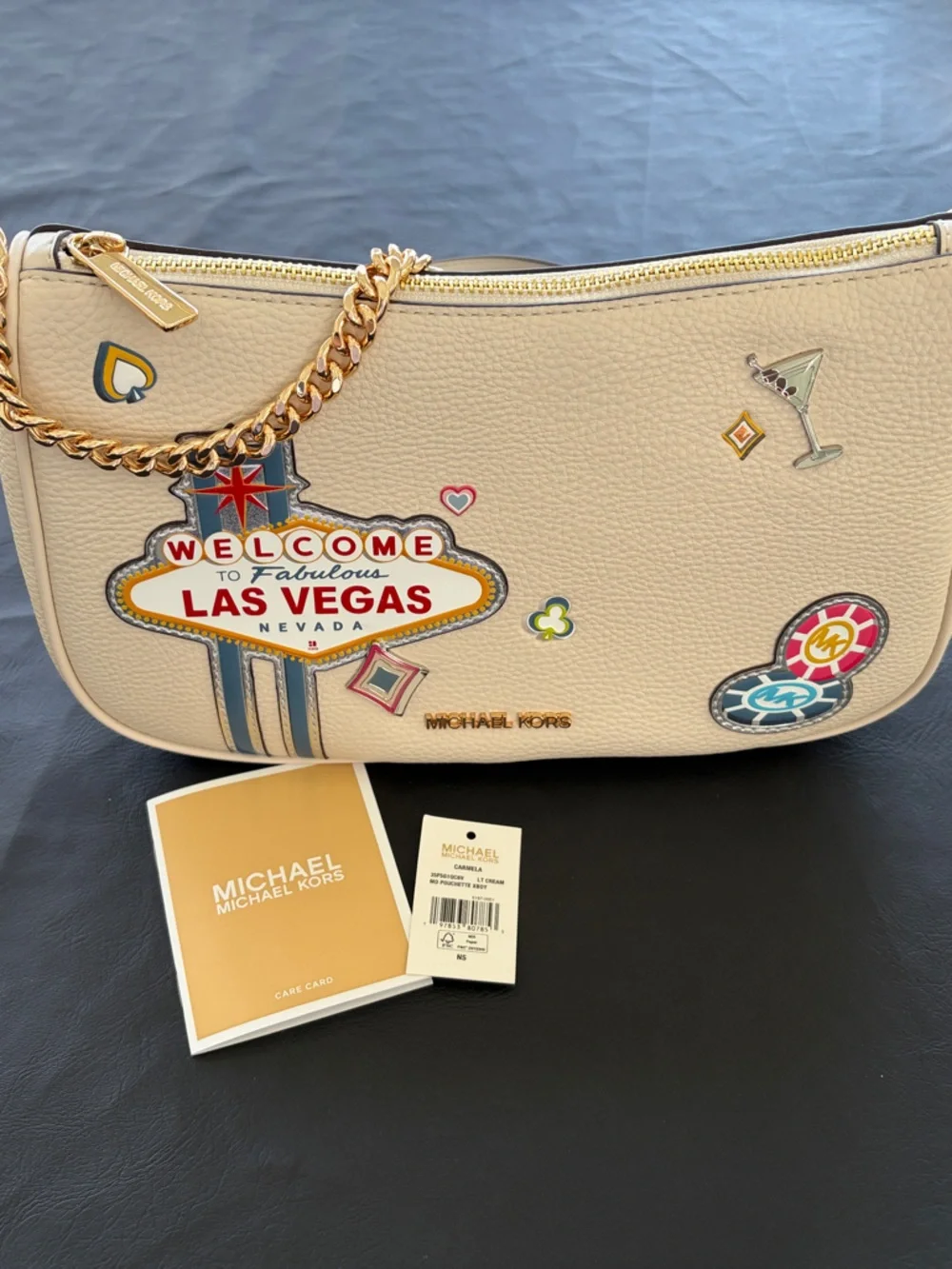 Michael Kors Beige Patchwork Las Vegas Crossbody with Gold Chain